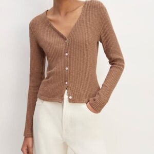 EVERLANE The Cozy Rib Cardigan Sweater Cropped V-Neck Carob Brown Size XL
